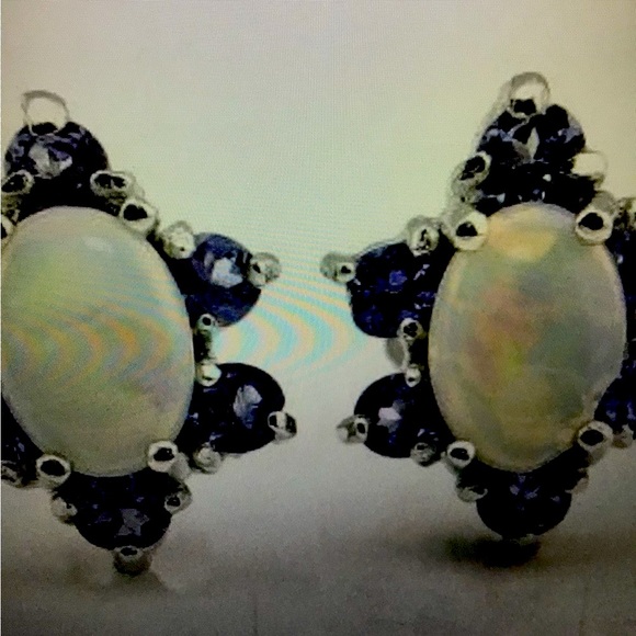 Beautiful women’s 14k white gold Tanzanite & Opal Designer Earrings - Picture 1 of 5